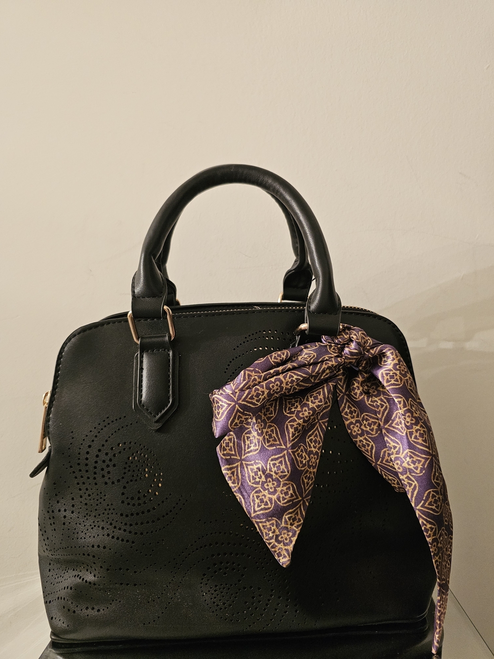 Call It Spring Disney  Black Satchel with Purple Patterned Scarf